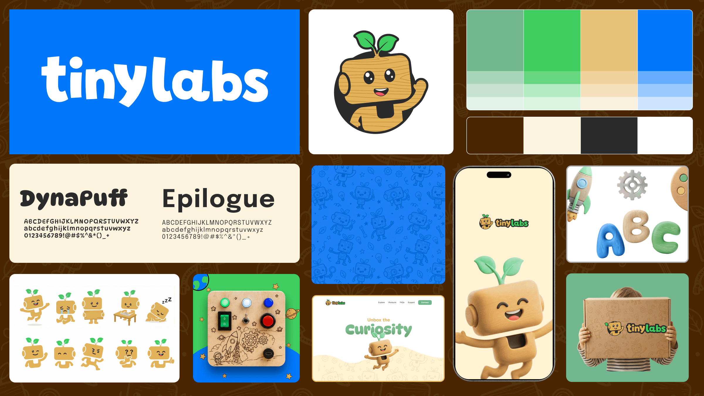 Tinylabs brand identity board showing the wooden mascot, wordmark, colour system and packaging