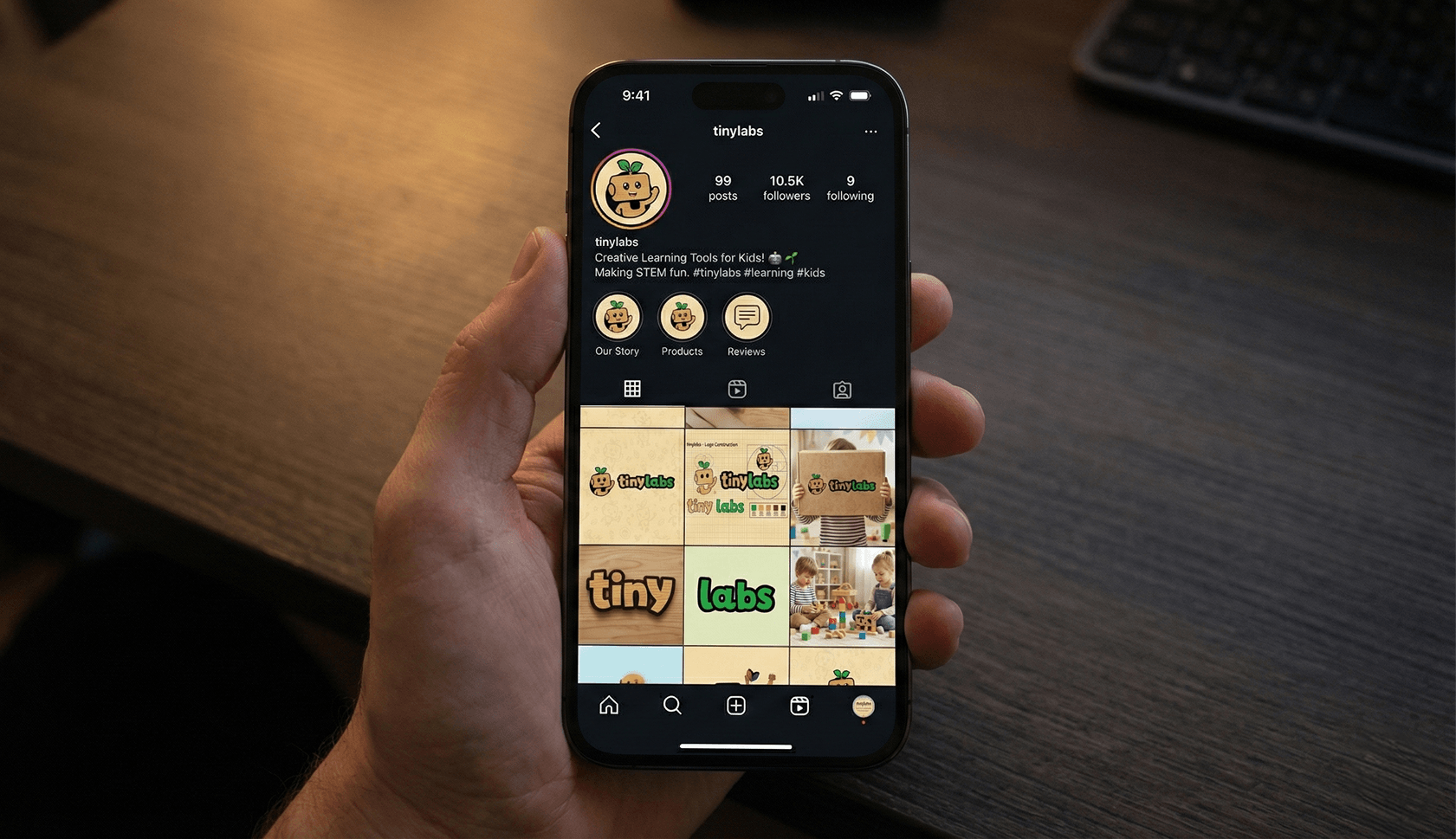 Instagram profile mockup for Tinylabs shown on a phone, with brand posts in the grid and custom highlight covers