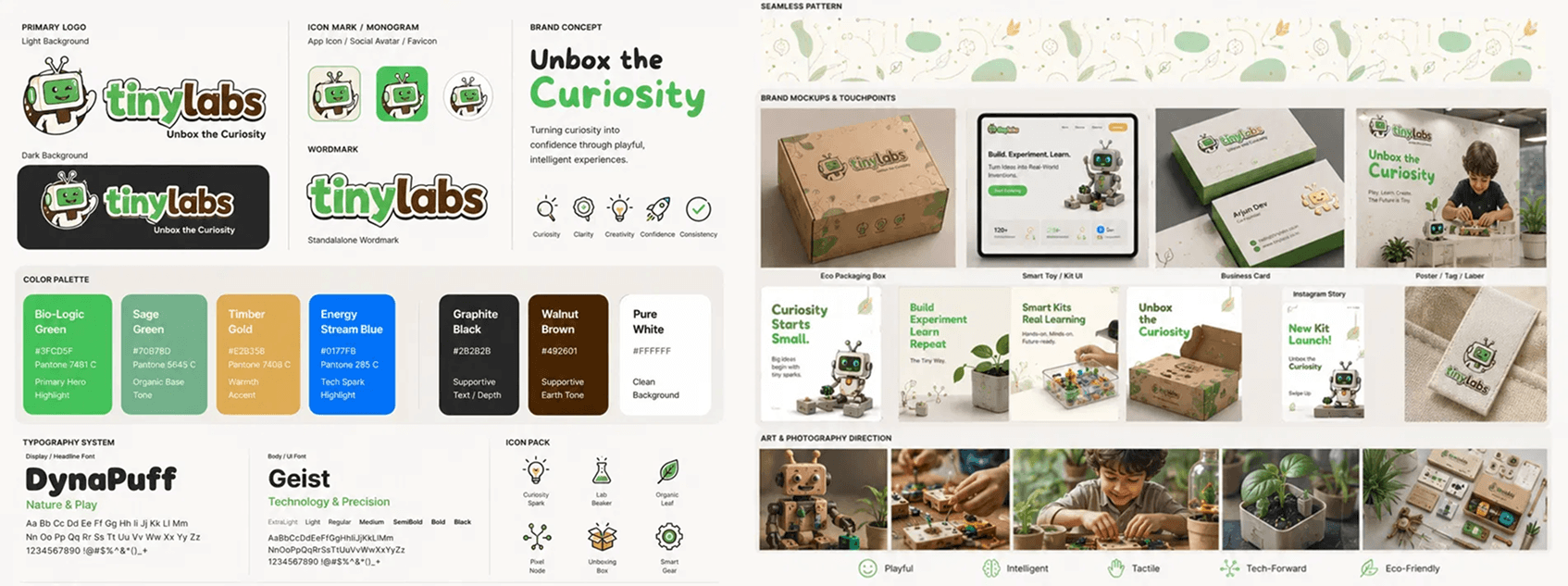 AI generated brand sheet for Tinylabs featuring a green and white television robot mascot, with colour system, typography, icon pack and packaging mockups