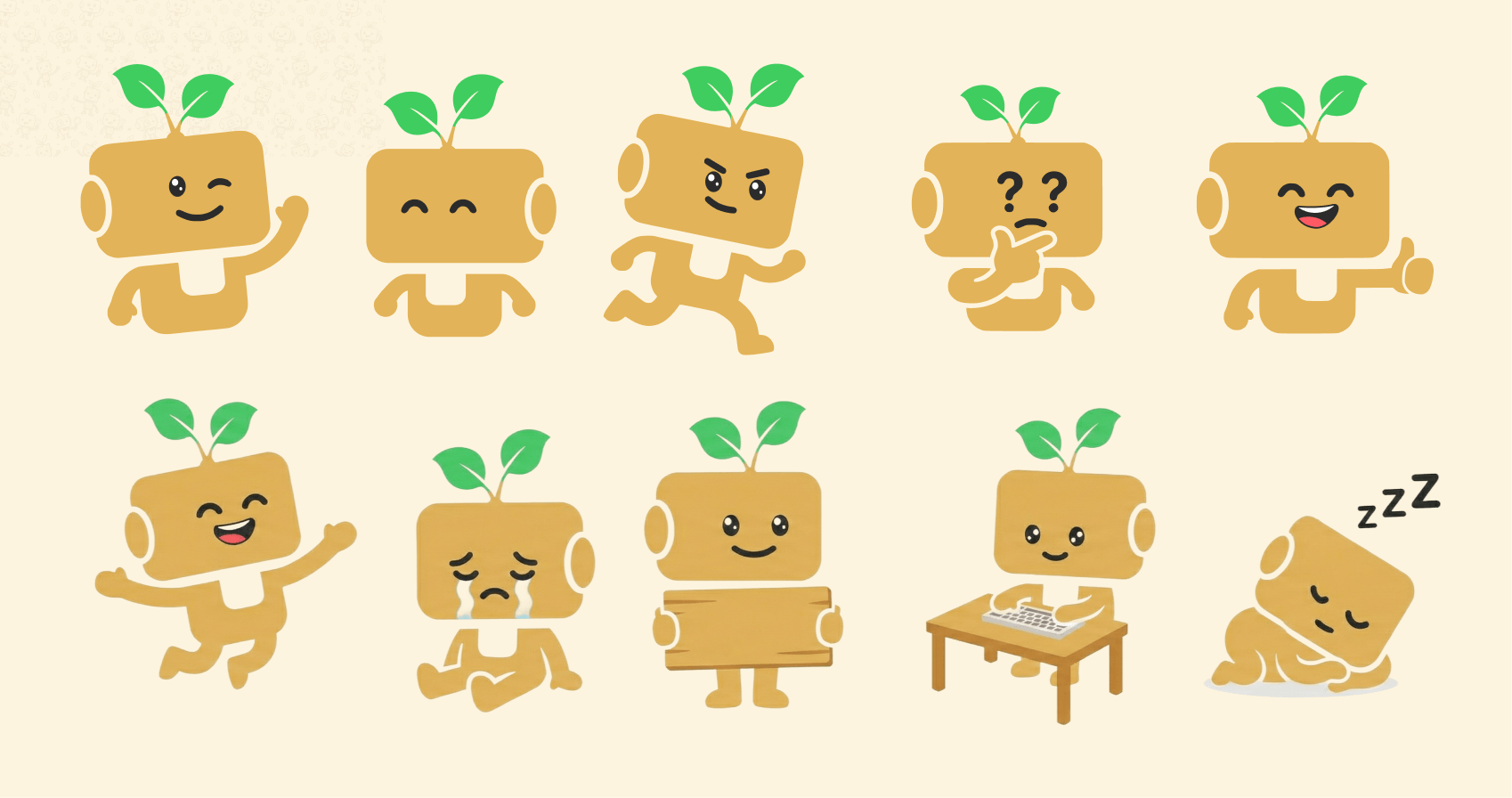 Ten poses of the Tinylabs wooden mascot — jumping, crying, sleeping, thinking, running, waving, thumbs up and more