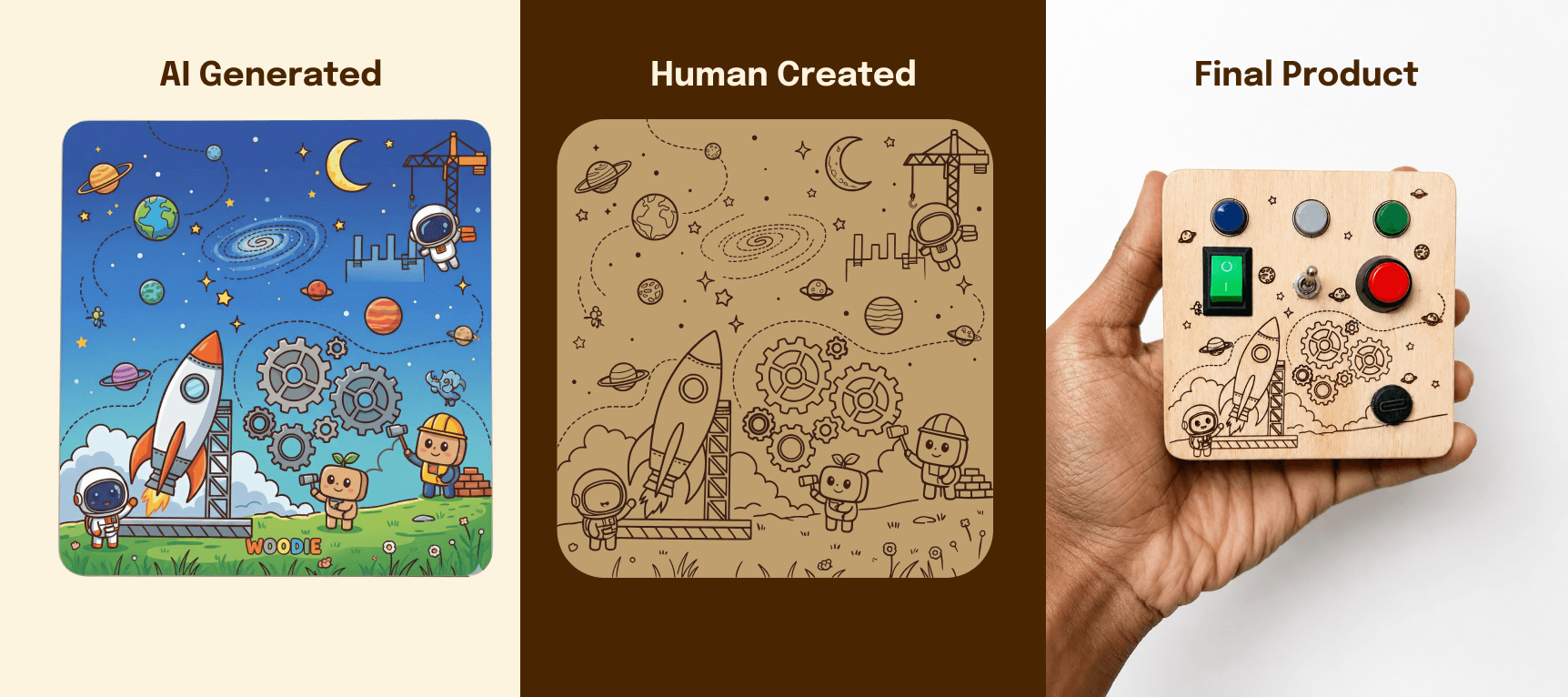Three stages side by side: a colourful AI generated space illustration, the same scene as line art engraved into plywood with switches fitted, and a photo of the finished board on a table