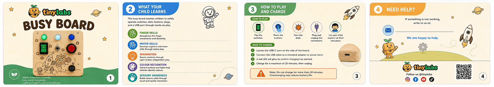 AI generated product manual laid out as four numbered cards with generic vector icons for switches, buttons and plugs, and a blank dotted line where the support email should be